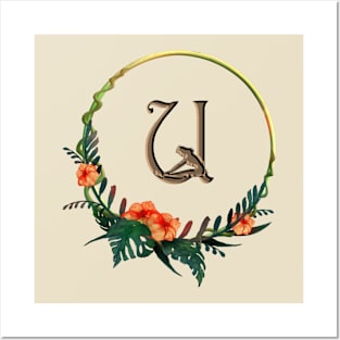 Tropical Flowers on a circular frame with a girl figure on the letter U Posters and Art